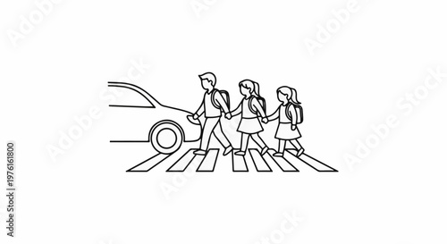A family crosses the street on a pedestrian crossing with a car nearby