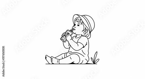 A child wearing a hat drinks from a pouch while sitting on the ground
