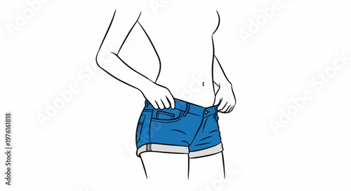 Stylized outline of a person wearing blue denim shorts with rolled cuffs