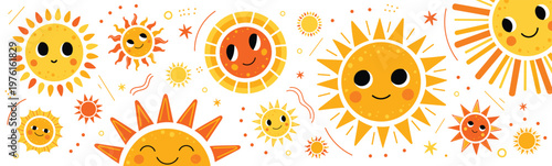 Cute sun banner with different shapes and rays. Funny smiling suns, summer theme . Vector illustration isolated on white background.