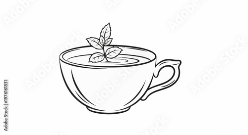 A black and white line drawing of a cup of tea with mint leaves