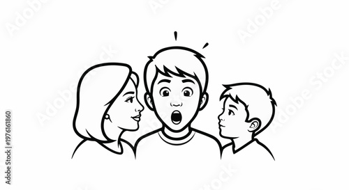 Three people, a woman and two boys, appear surprised or shocked by something
