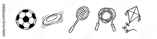 Hand-drawn black and white doodle set of outdoor activity equipment like a soccer ball, frisbee, racket, skipping rope, and kite. Minimalist icons for sports and leisure games.