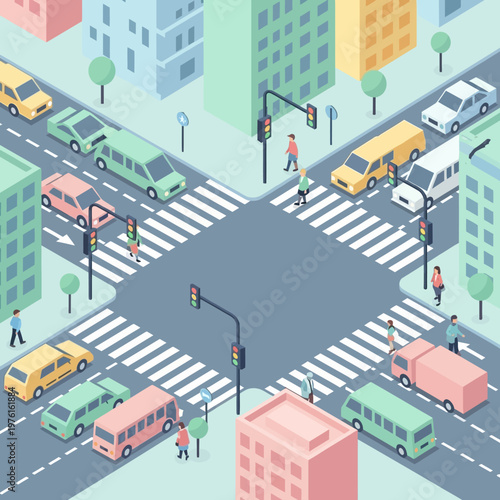 Isometric City Intersection with Traffic and Pedestrians