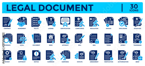 Legal Document icon collection. Contains icons for amendment, copyright, permit, trademark, patent, affidavit, license, deed. Simple flat vector illustrations.