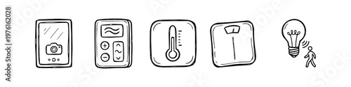 Hand-drawn doodle icons of smart home technology including a smart mirror, thermostat, temperature control, digital scale, and motion-sensing smart light bulb.