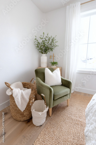 resolution interior illustration featuring a cozy reading nook. A velvet chair in sage green rests on a natural jute rug. A white storage basket with a woven throw blanket sits on the right. 
