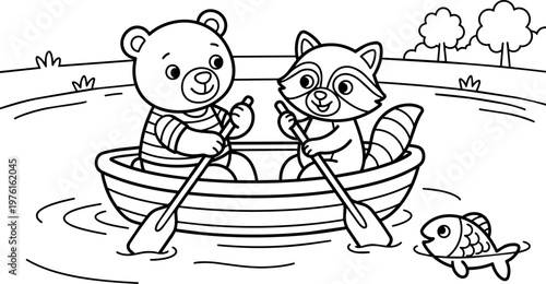 Bear and raccoon paddling a rowboat on lake with fish and trees black and white line art