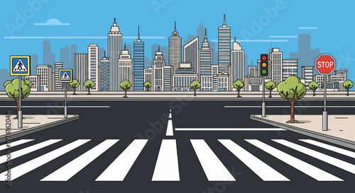 Cityscape with Pedestrian Crossing, Traffic Lights, and Skyscrapers