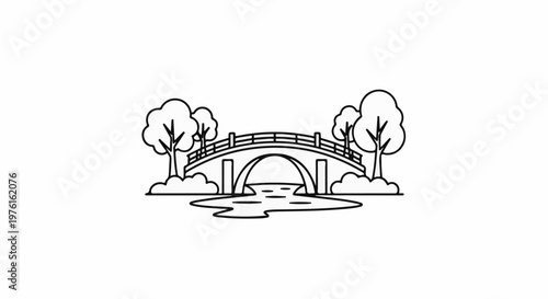 A simple line drawing of a stone bridge arches over a gentle stream, flanked by trees