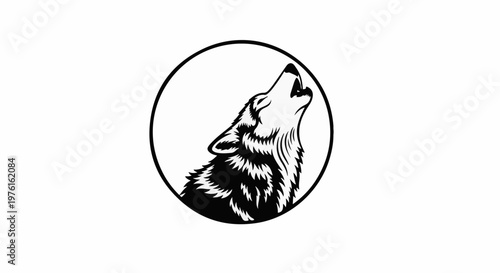 A black and white illustration of a wolf howling within a circle