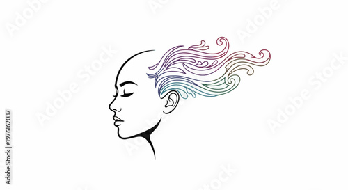 Stylized profile of a woman's face with flowing, colorful hair