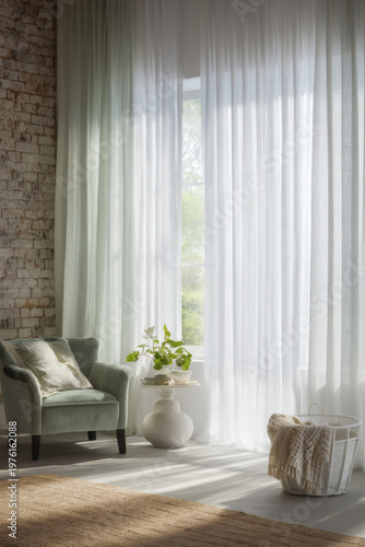 resolution interior illustration featuring a cozy reading nook. A velvet chair in sage green rests on a natural jute rug. A white storage basket with a woven throw blanket sits on the right. 