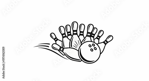 Stylized bowling ball scattering pins in a dynamic motion