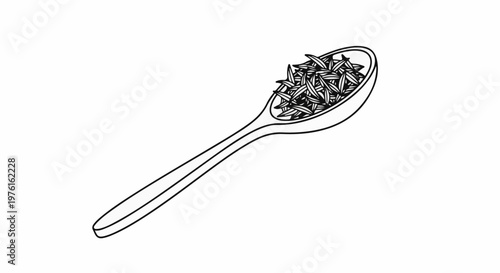 Spoon filled with many small, elongated seeds, outline drawing