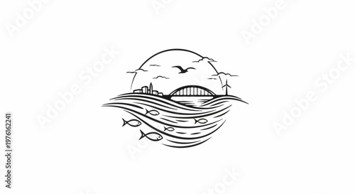 Stylized circular graphic depicts a bridge, cityscape, wind turbine, and fish in water
