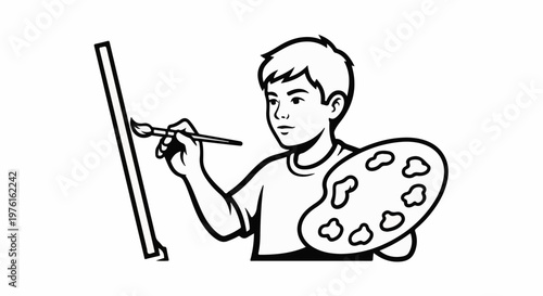 Young artist with paintbrush and palette creates art on a canvas