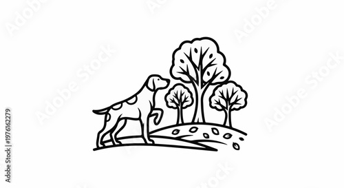 A dog with spots explores a grove of trees and scattered leaves
