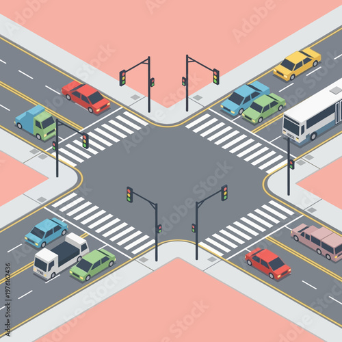 Isometric traffic intersection with cars, bus, and traffic lights