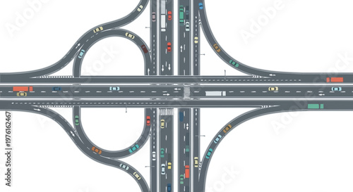 Complex highway interchange with traffic flow, aerial view, transportation concept