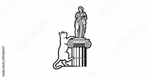 A cat climbs a column to reach a statue