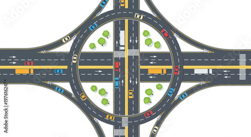 Modern highway interchange with traffic circle, cars, and green trees