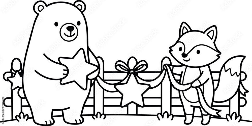 Fototapeta premium Black and white line art bear and fox holding star garland by fence