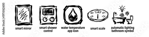 Hand-drawn set of smart bathroom icons including a smart mirror, shower control, water app, scale, and automatic lighting symbols. Sketchy doodle style on a white background.