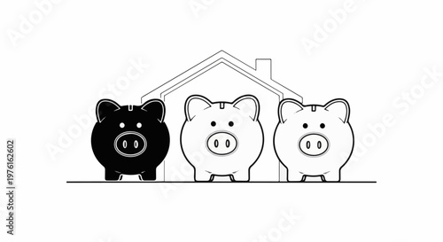 Three piggy banks in front of a house outline, one is black