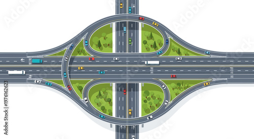 Modern highway interchange with traffic flow, overpass and ramps, aerial view