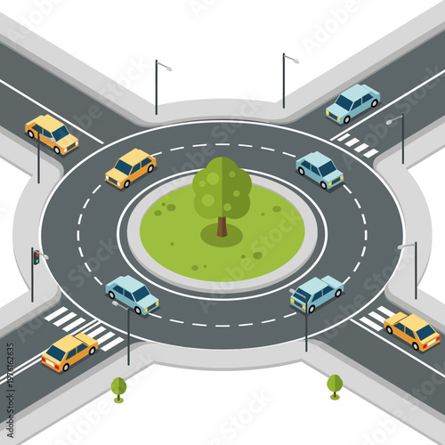 Roundabout traffic intersection with cars and green tree in center, isometric view