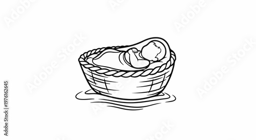 Stylized illustration of a baby peacefully sleeping in a woven basket