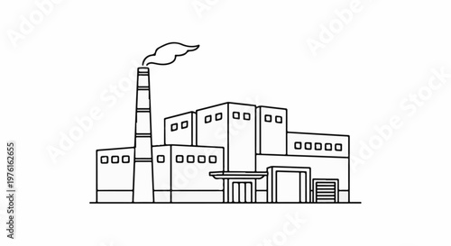 Stylized industrial complex with a tall smokestack emitting smoke