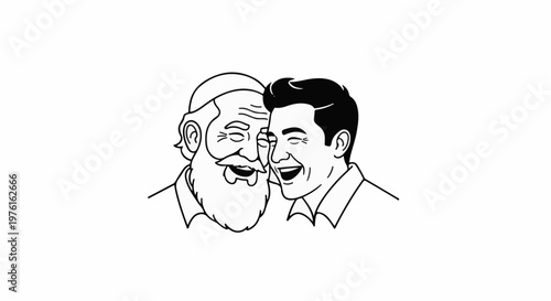 Two men laughing joyfully together, one with a beard and cap