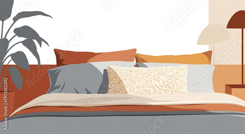 Modern minimalist interior bedroom illustration featuring a bed with colorful decorative pillows, a green plant and a lamp in warm earthy tones. Flat vector art illustration style.