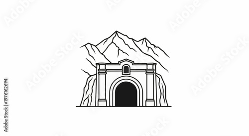 Stylized mountain tunnel entrance with arched doorway and rocky terrain