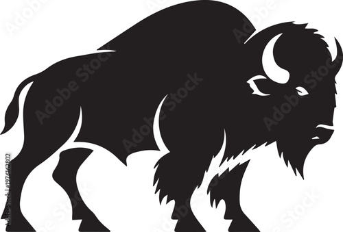 A black and white image of a bison