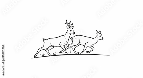 Two deer, one with antlers, are depicted running on a grassy incline
