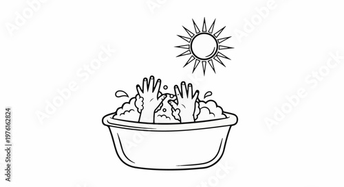 Two hands reaching out from a bubbly bathtub under a bright sun