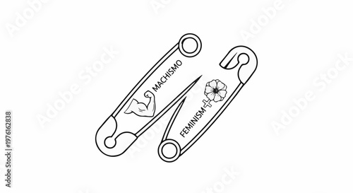 Two safety pins, one symbolizing machismo with a muscular arm, the other representing feminism