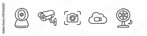 Set of hand-drawn security camera and surveillance icons. Includes CCTV, IP camera, cloud video recording, and night vision monitoring in a simple black line art doodle style.