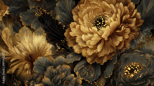 Abstract golden flowers, floral design for prints, postcards or wallpaper