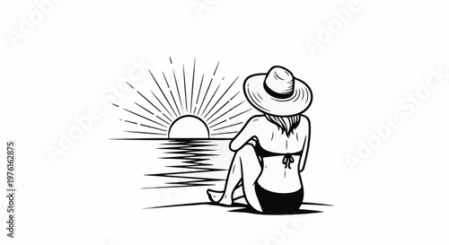 Woman in sunhat watches a stylized sunrise over the ocean from a beach