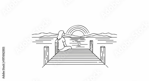 Woman sits on a dock watching the sun set over the water and mountains