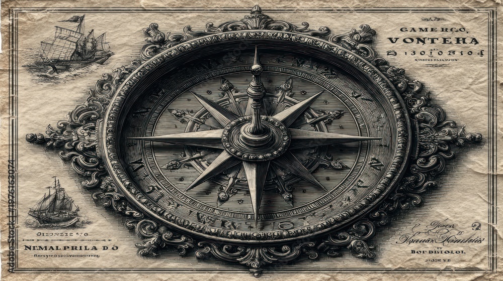 Naklejka premium Antique compass with ornate detailing and ships on aged paper
