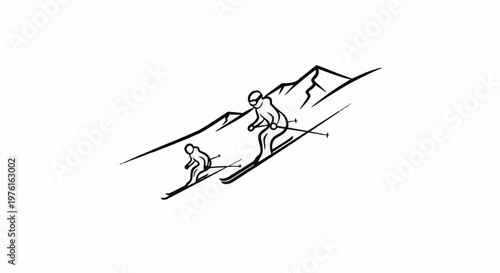 Two skiers descend a snowy mountainside, black ink sketch