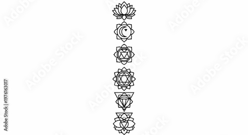 Vertical line of abstract, geometric, spiritual symbols on white