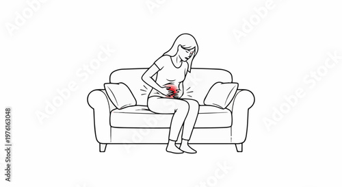 Woman on sofa experiencing abdominal pain, highlighted red