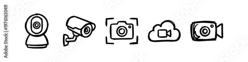 Set of hand-drawn security and video camera icons in black ink. Features CCTV, webcam, cloud storage, and video recording symbols. Perfect for monitoring and technology concepts.
