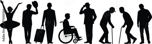 Diverse people silhouette set featuring a ballerina, traveler with luggage, man in wheelchair, senior citizens with canes, and professional figures.